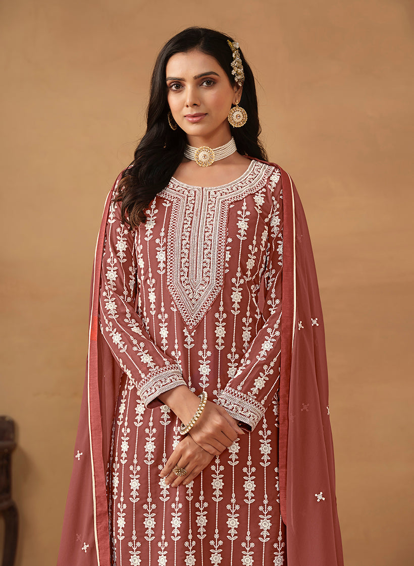 Monjolika Fashion Light Brown Faux Georgette Embroidered Salwar Kameez - Distacart