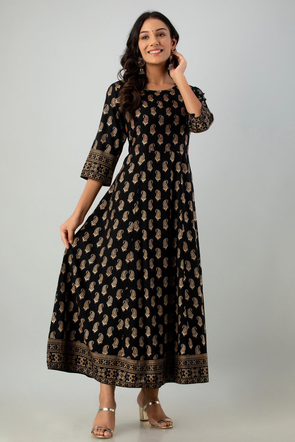 Juniper Women's Black Rayon Printed Flared Dress - Distacart