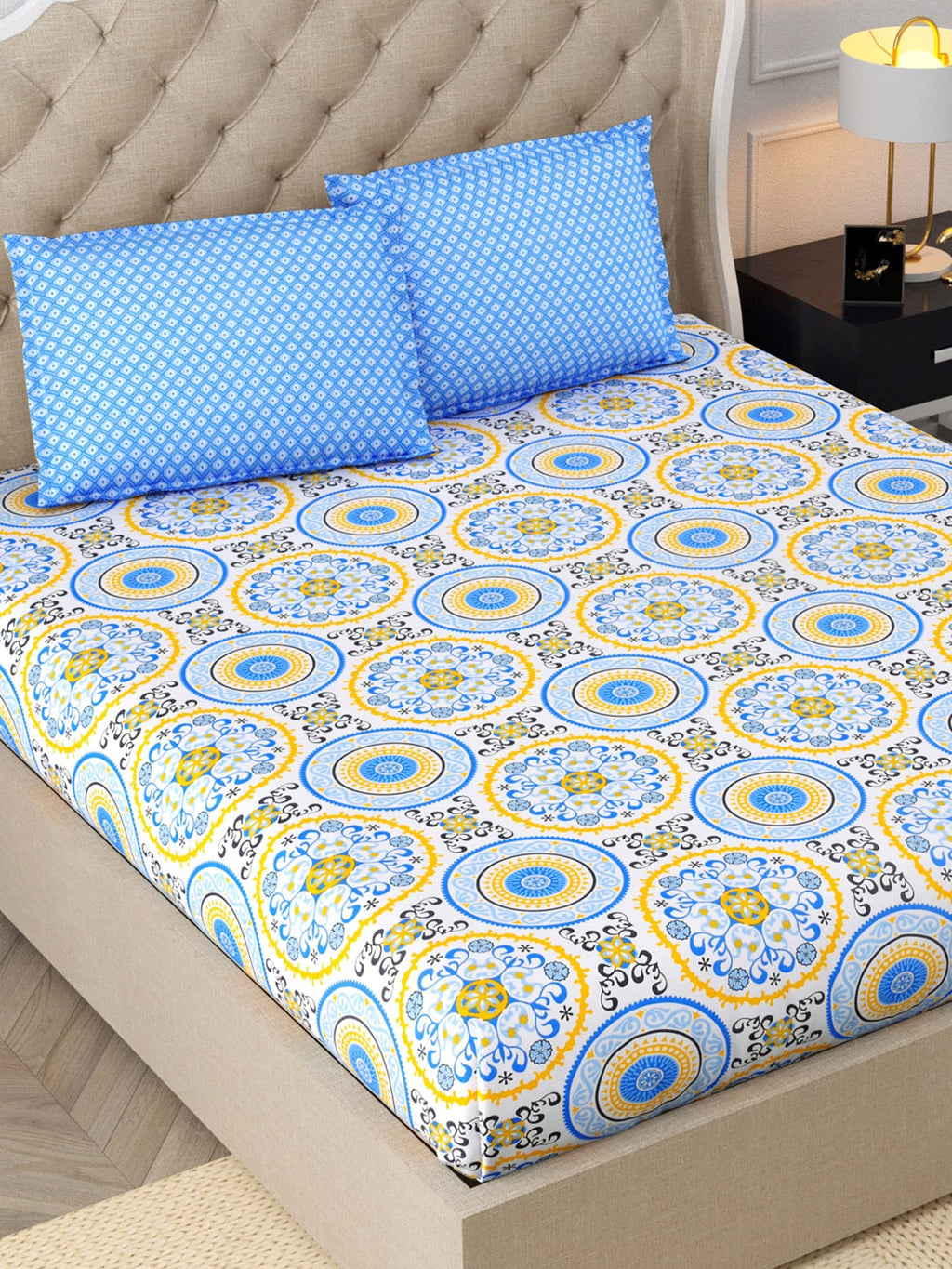 DREAM WEAVERZ Blue & Yellow Cotton Ethnic Motifs 300 TC Double Bedsheet with 2 Pillow Covers