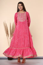 Juniper Women's Fuschia Printed Embroidered Mirror Work Cotton Flared Dress - Distacart