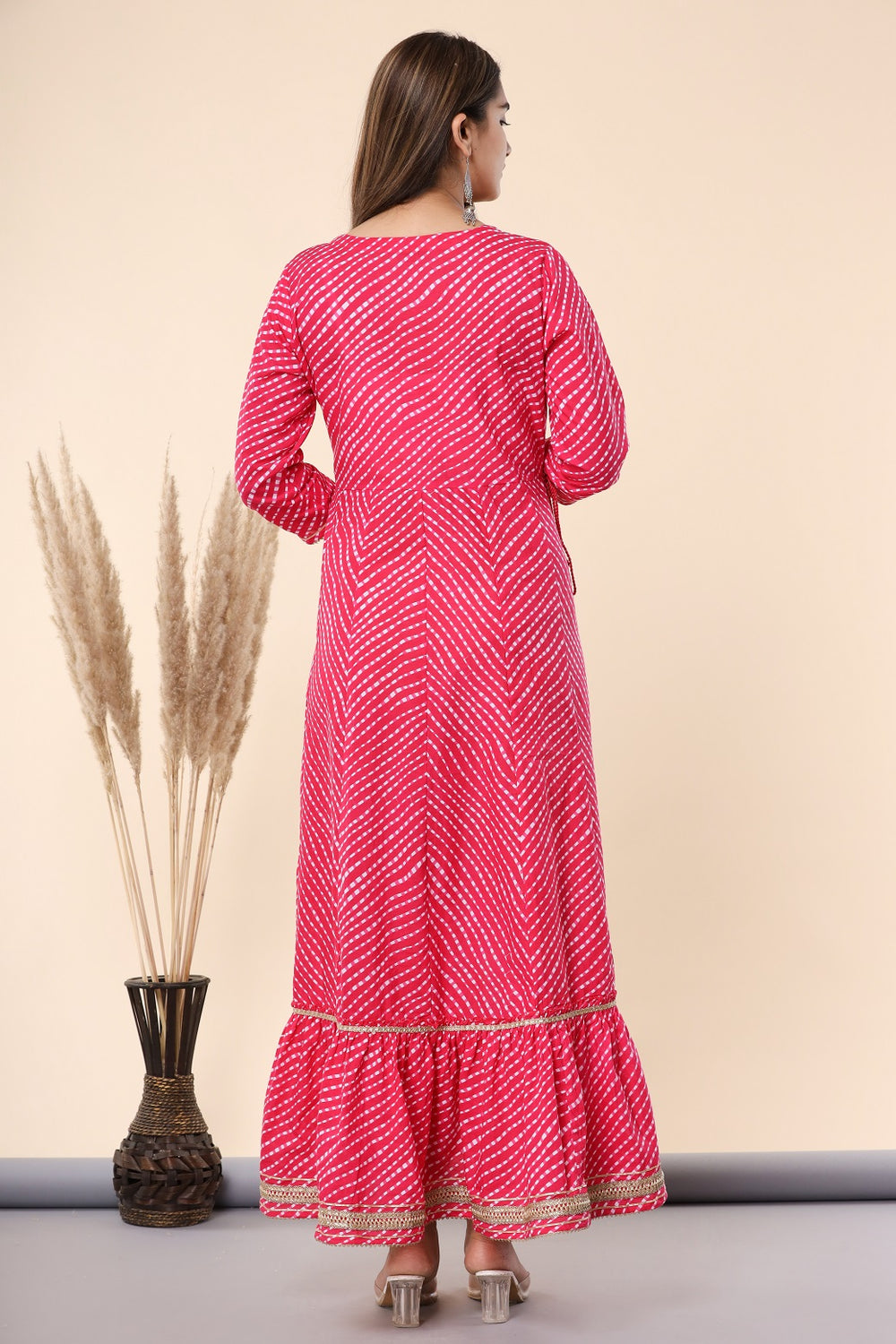 Juniper Women's Fuschia Printed Embroidered Mirror Work Cotton Flared Dress - Distacart