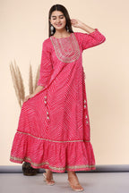 Juniper Women's Fuschia Printed Embroidered Mirror Work Cotton Flared Dress - Distacart