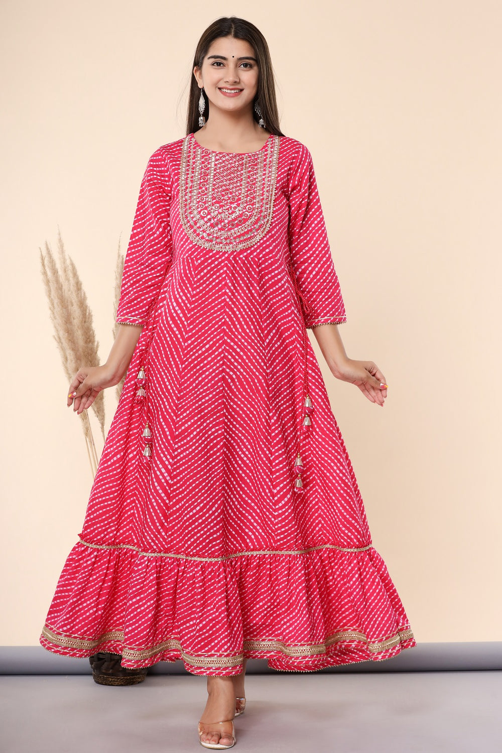 Juniper Women's Fuschia Printed Embroidered Mirror Work Cotton Flared Dress - Distacart