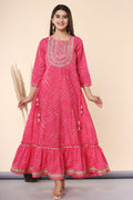 Juniper Women's Fuschia Printed Embroidered Mirror Work Cotton Flared Dress - Distacart