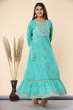 Juniper Women's Green Printed Embroidered Mirror Work Sequin Cotton Flared Dress - Distacart