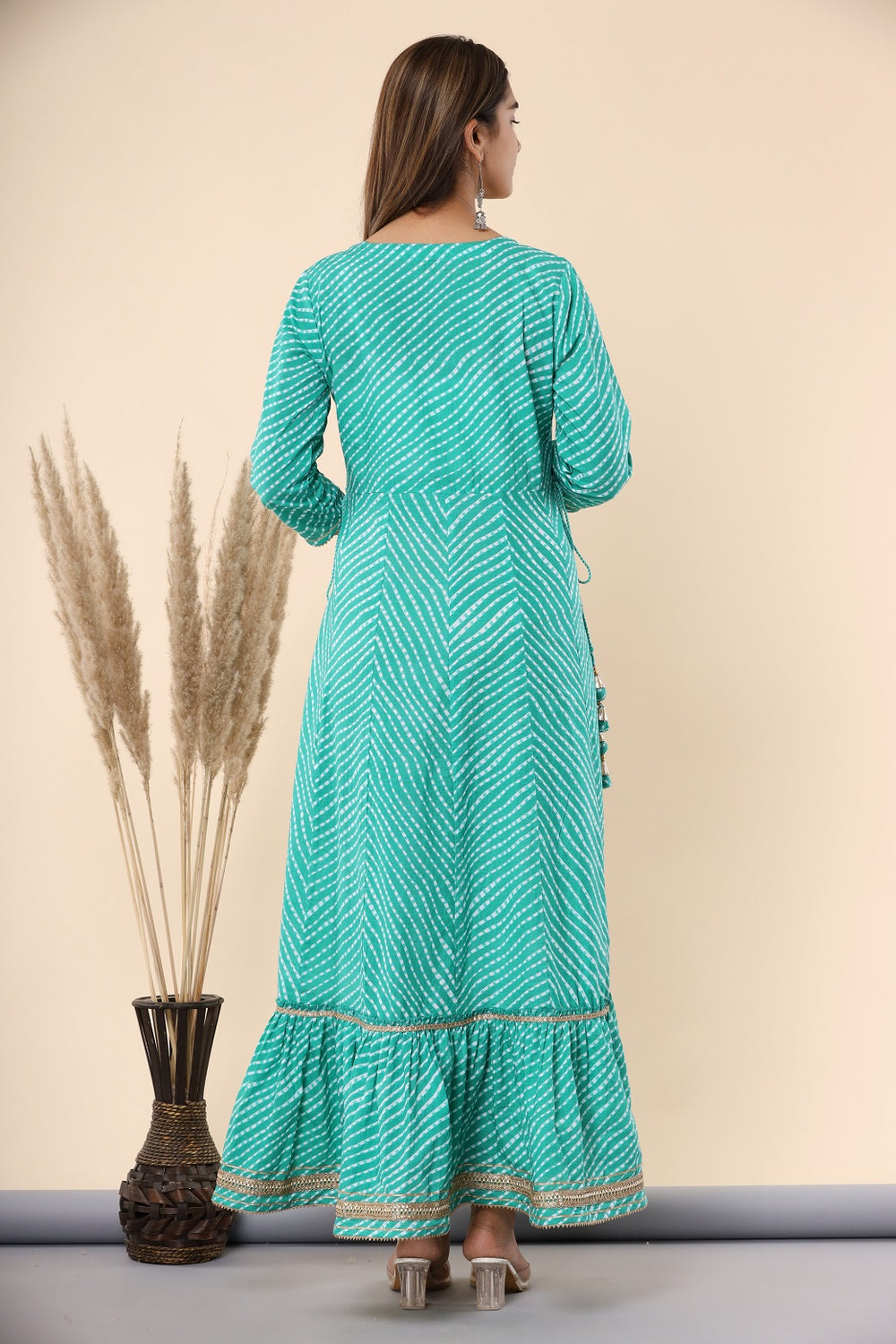 Juniper Women's Green Printed Embroidered Mirror Work Sequin Cotton Flared Dress - Distacart