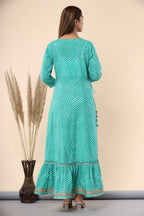 Juniper Women's Green Printed Embroidered Mirror Work Sequin Cotton Flared Dress - Distacart