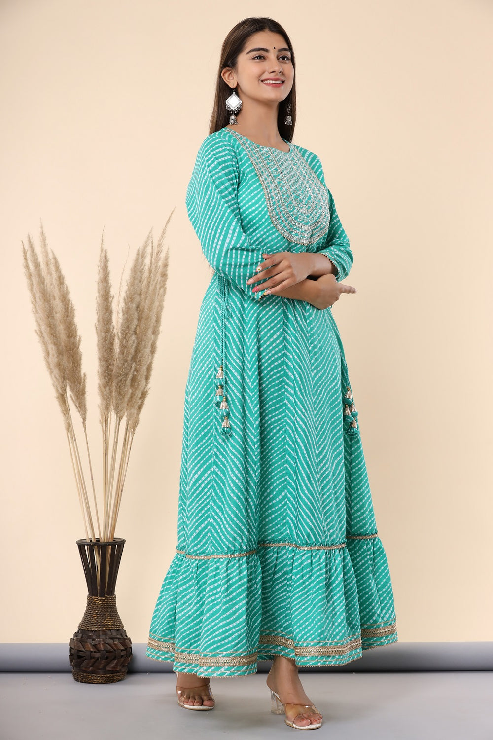 Juniper Women's Green Printed Embroidered Mirror Work Sequin Cotton Flared Dress - Distacart