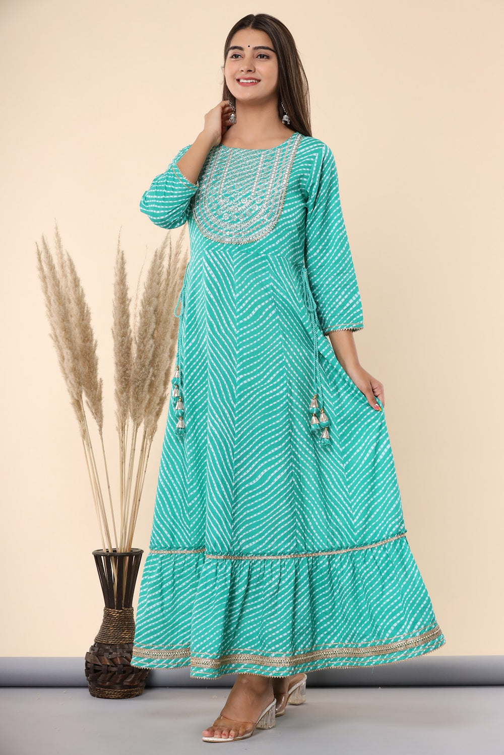 Juniper Women's Green Printed Embroidered Mirror Work Sequin Cotton Flared Dress - Distacart