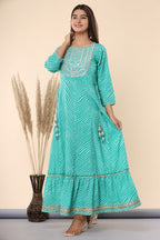 Juniper Women's Green Printed Embroidered Mirror Work Sequin Cotton Flared Dress - Distacart