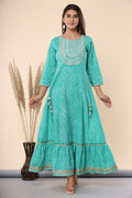 Juniper Women's Green Printed Embroidered Mirror Work Sequin Cotton Flared Dress - Distacart
