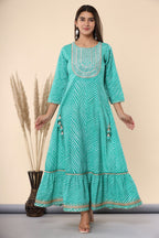 Juniper Women's Green Printed Embroidered Mirror Work Sequin Cotton Flared Dress - Distacart