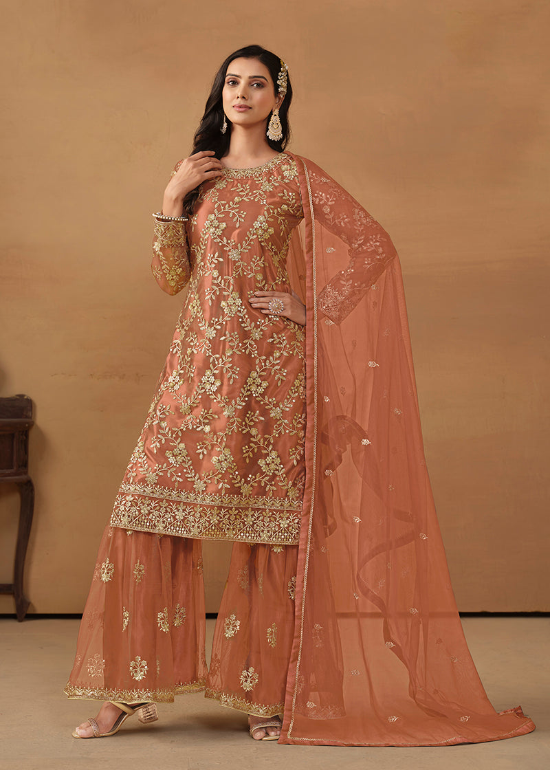 Monjolika Fashion Light Rust Net Embroidered Trendy Salwar Suit - Distacart