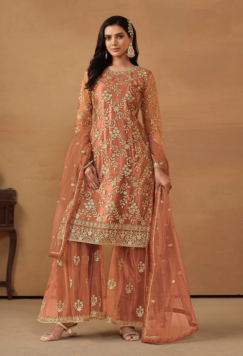 Monjolika Fashion Light Rust Net Embroidered Trendy Salwar Suit - Distacart