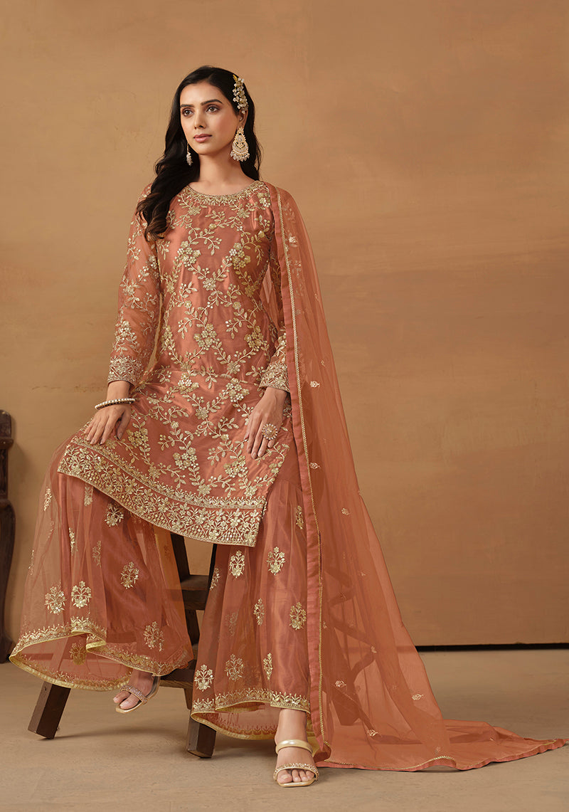 Monjolika Fashion Light Rust Net Embroidered Trendy Salwar Suit - Distacart