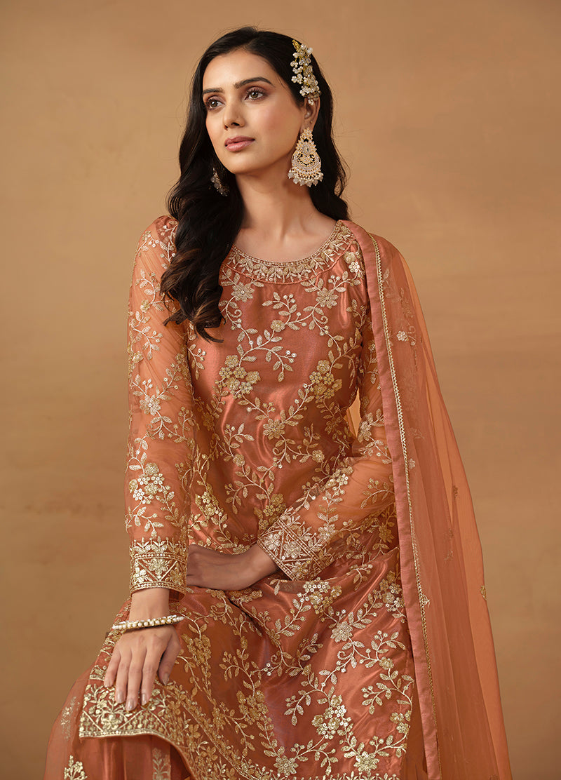 Monjolika Fashion Light Rust Net Embroidered Trendy Salwar Suit - Distacart