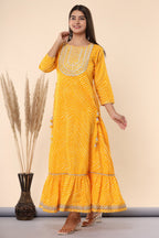 Juniper Women's Yellow Printed Embroidered Mirror Work Sequin Cotton Flared Dress - Distacart