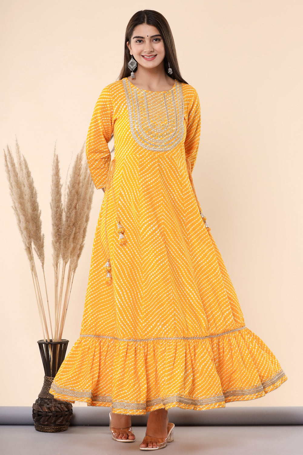 Juniper Women's Yellow Printed Embroidered Mirror Work Sequin Cotton Flared Dress - Distacart
