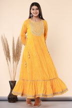 Juniper Women's Yellow Printed Embroidered Mirror Work Sequin Cotton Flared Dress - Distacart