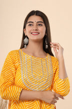 Juniper Women's Yellow Printed Embroidered Mirror Work Sequin Cotton Flared Dress - Distacart