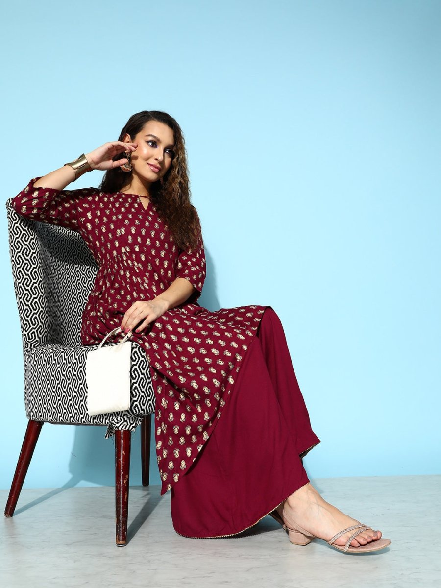 All About You Carmine Maroon Printed A-Line Veere Di Wedding Kurta with Palazzos