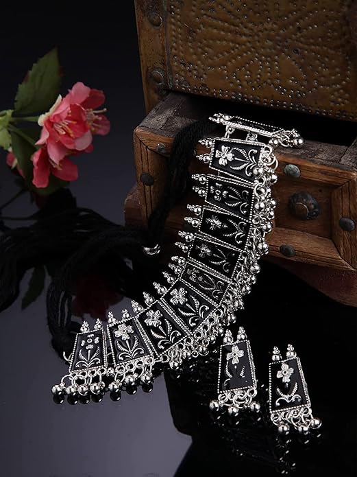 Tehzeeb Creations Women's German Silver Oxidised Necklace And Earrings