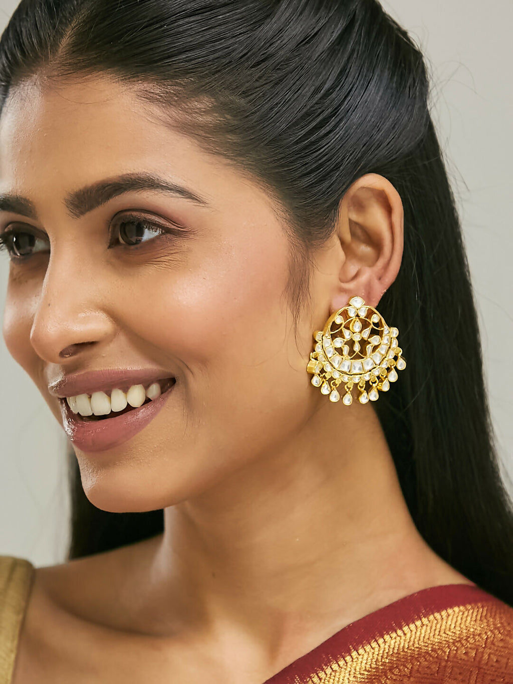 Nuyug 22K Gold-Plated Kundan Stone Studded & Pearl Beaded Moon Chandbalis - Distacart