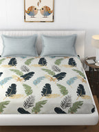 Florida Reeva Off White & Green Floral 180 TC Fitted King Bedsheet With 2 Pillow Covers - Distacart
