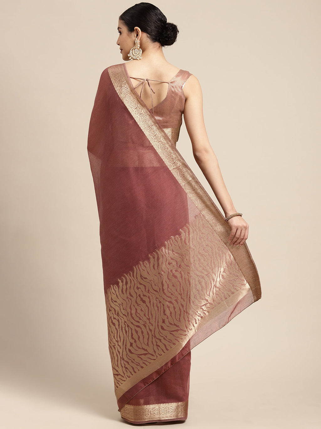 Saree Mall Mauve & Gold Solid Linen Blend Taant Saree - Distacart