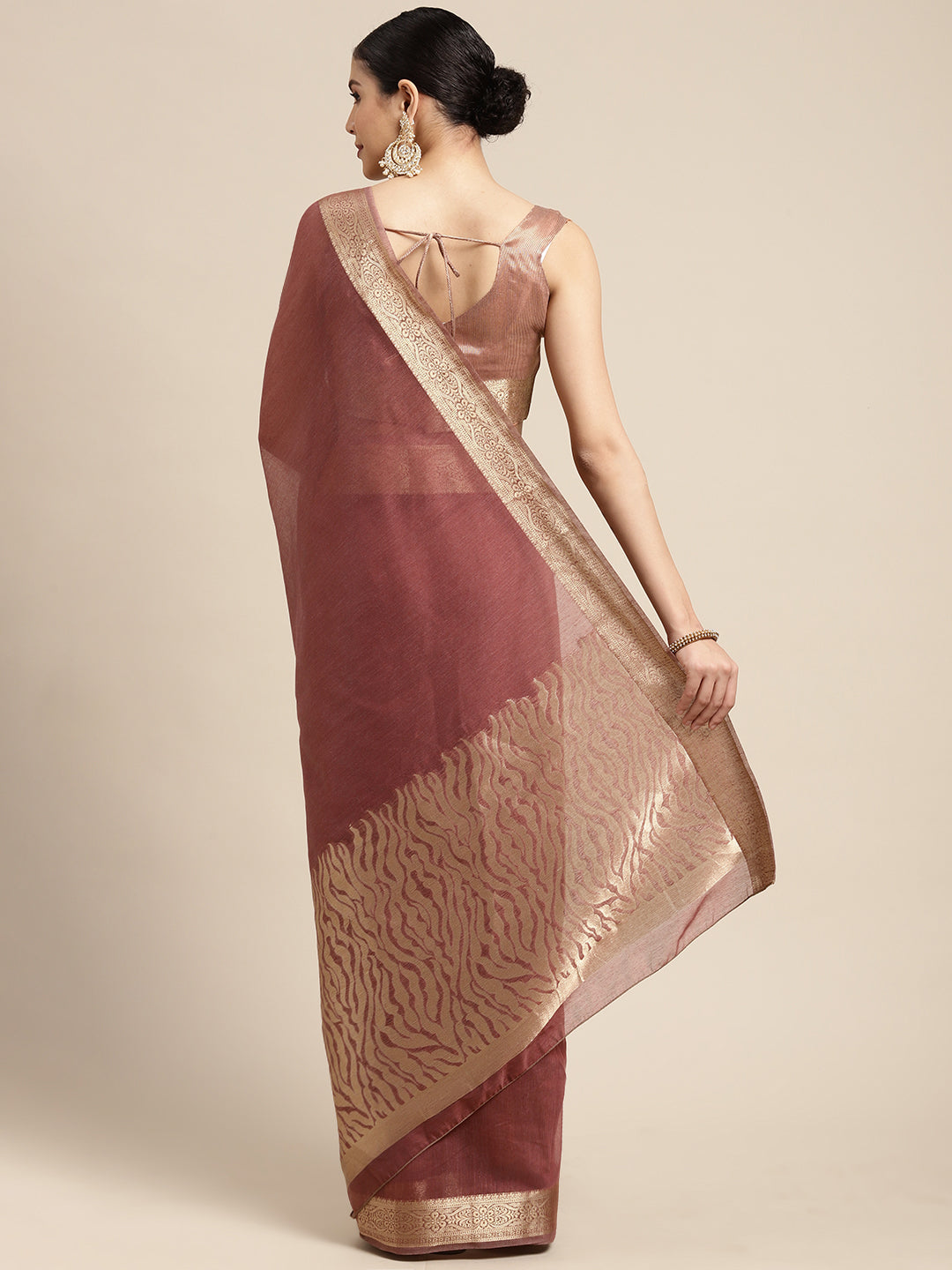 Saree Mall Mauve & Gold Solid Linen Blend Taant Saree - Distacart