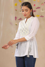 Juniper Women White Cotton Moss Embroidered A-Line Tunic - Distacart