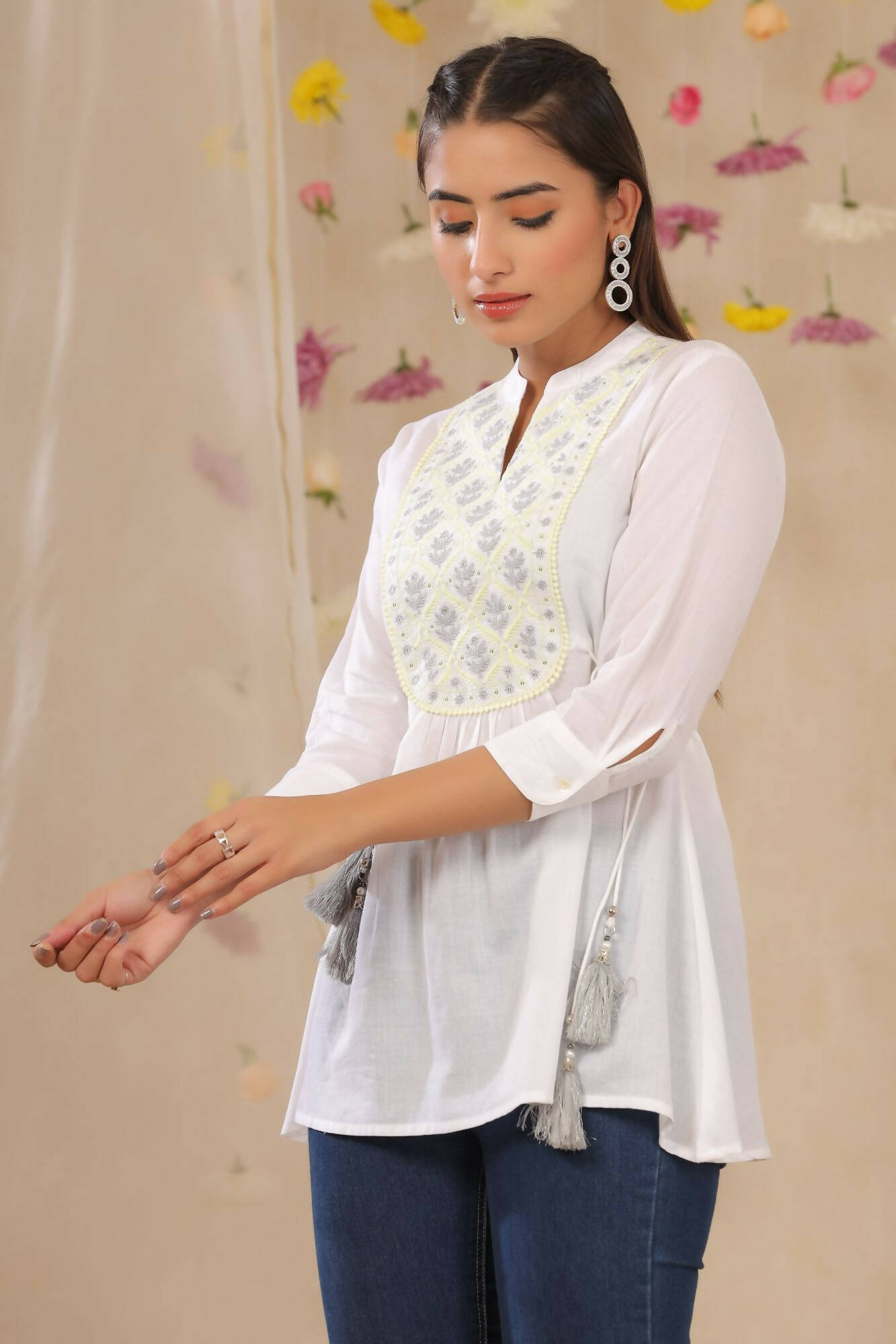 Juniper Women White Cotton Moss Embroidered A-Line Tunic - Distacart