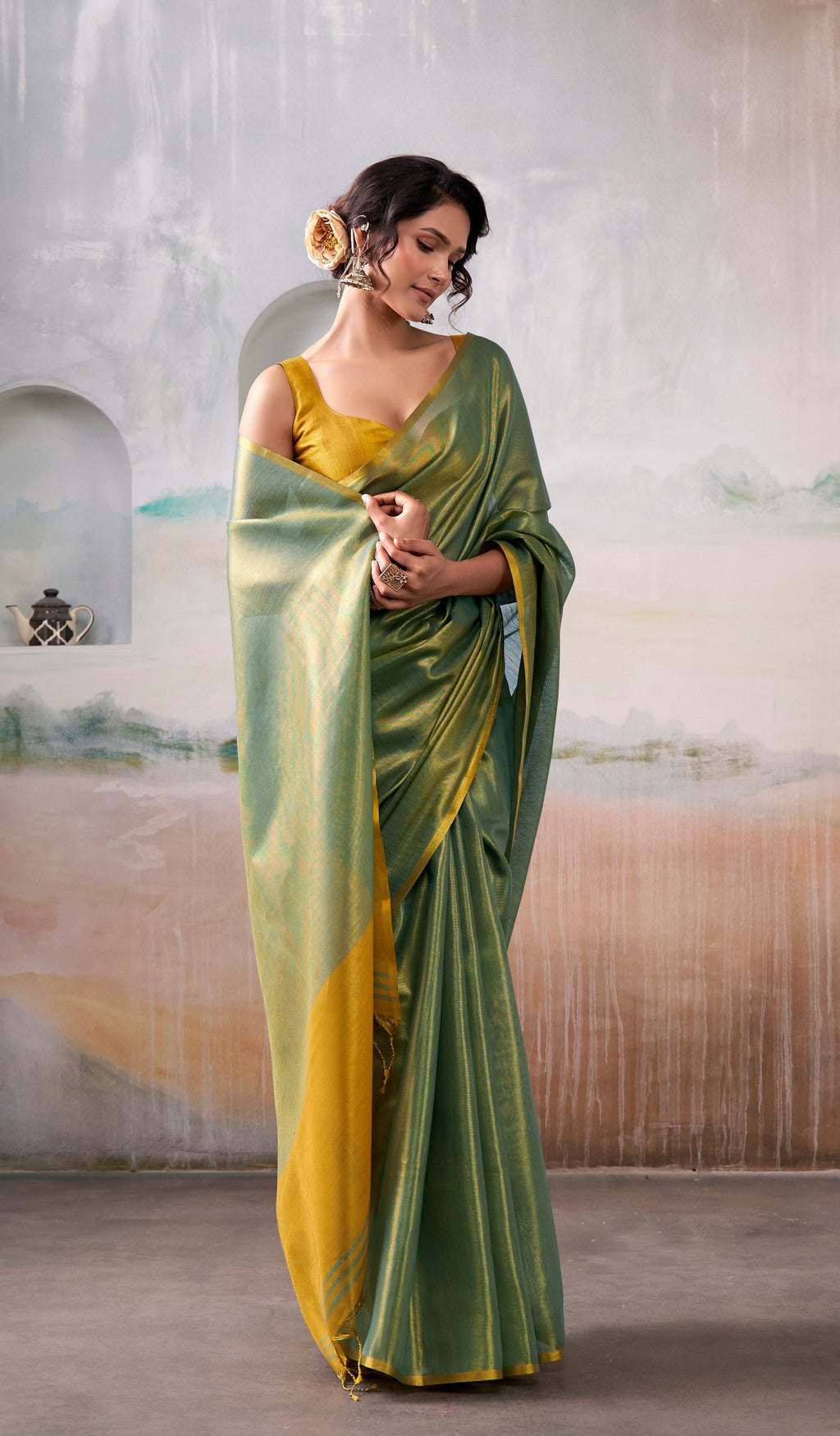 Anaita Green Handloom Tissue Silk Self Woven Plain Saree - Distacart