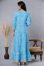 Juniper Women's Skyblue Printed Embroidered Mirror Work Sequin Cotton Flared Dress - Distacart