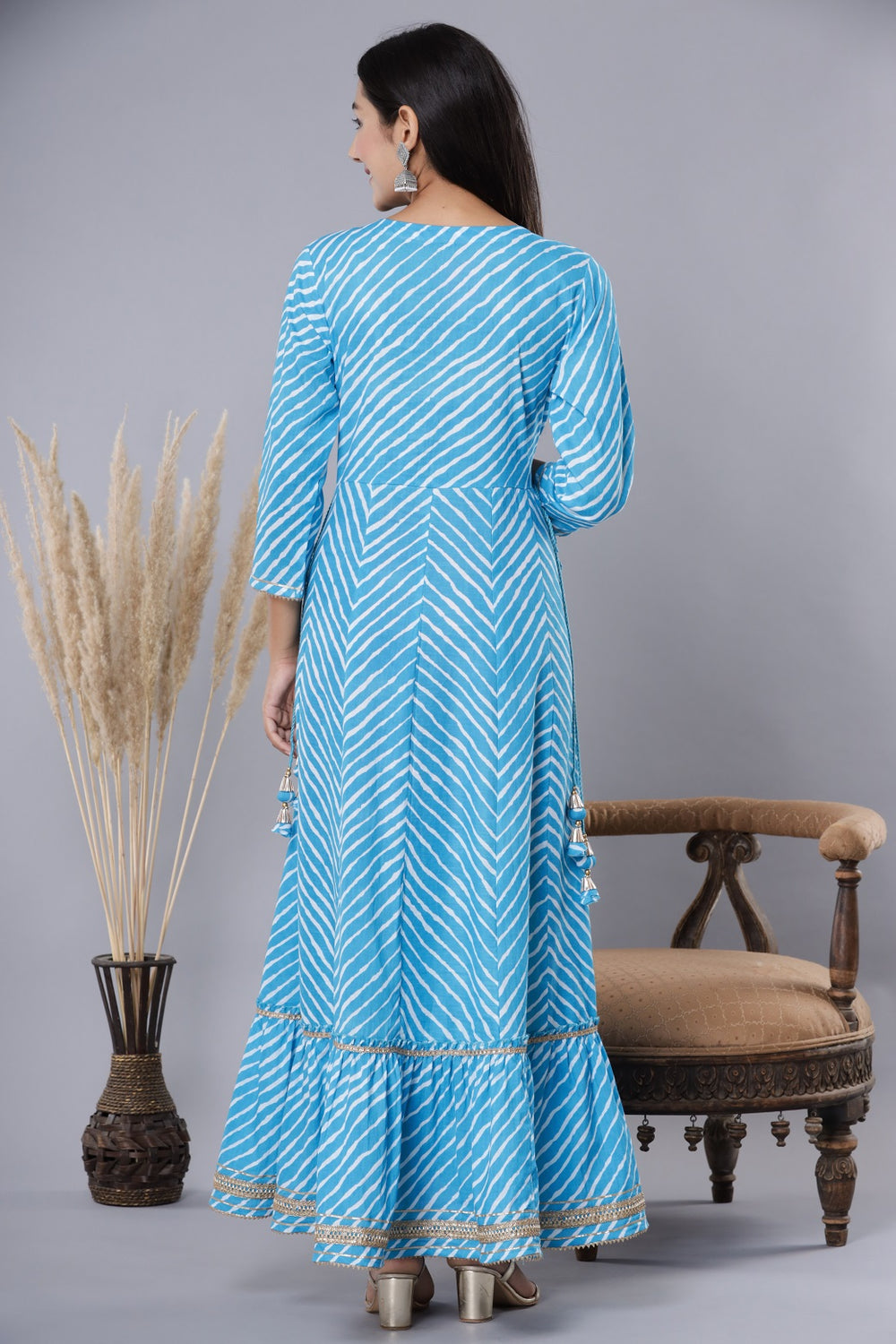 Juniper Women's Skyblue Printed Embroidered Mirror Work Sequin Cotton Flared Dress - Distacart