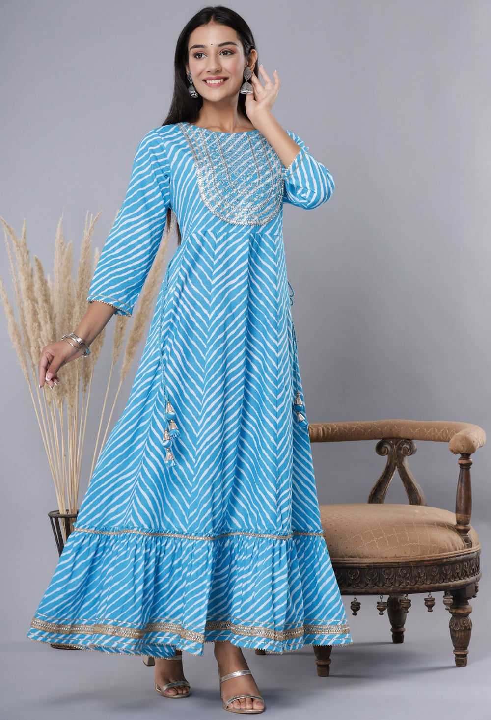 Juniper Women's Skyblue Printed Embroidered Mirror Work Sequin Cotton Flared Dress - Distacart
