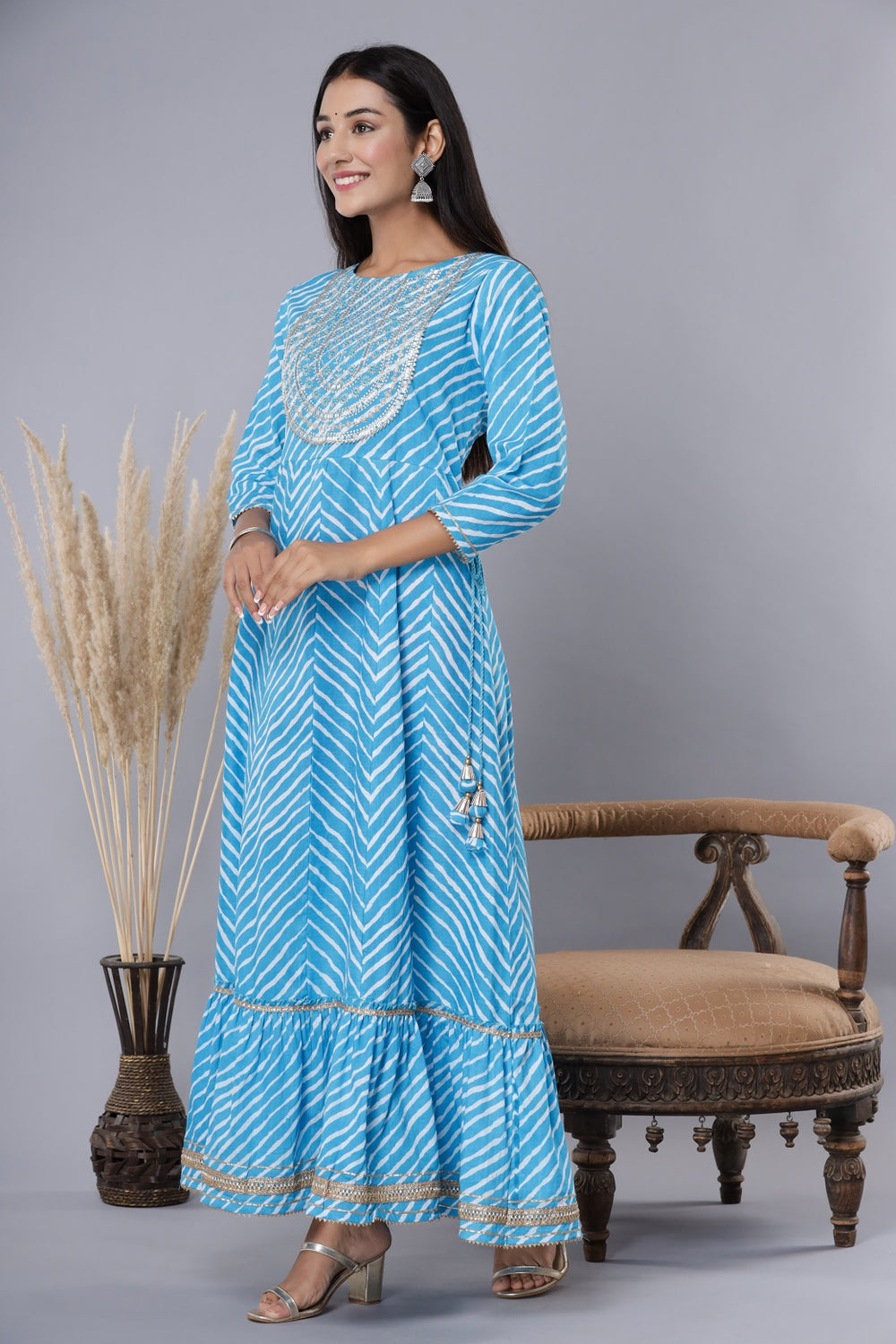 Juniper Women's Skyblue Printed Embroidered Mirror Work Sequin Cotton Flared Dress - Distacart