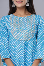 Juniper Women's Skyblue Printed Embroidered Mirror Work Sequin Cotton Flared Dress - Distacart