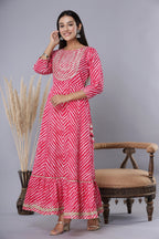 Juniper Women's Fuschia Printed Embroidered Mirror Work Sequin Cotton Flared Dress - Distacart
