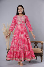 Juniper Women's Fuschia Printed Embroidered Mirror Work Sequin Cotton Flared Dress - Distacart