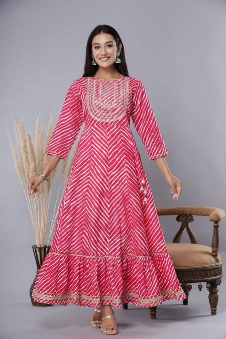 Juniper Women's Fuschia Printed Embroidered Mirror Work Sequin Cotton Flared Dress