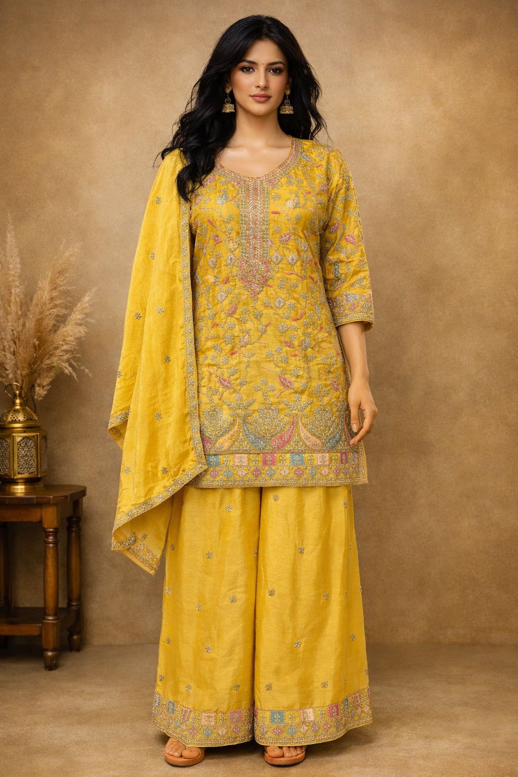 Anaita Yellow Chinon Stitched Plazzo Suit With Embroidery Work - Distacart