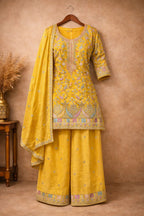 Anaita Yellow Chinon Stitched Plazzo Suit With Embroidery Work - Distacart