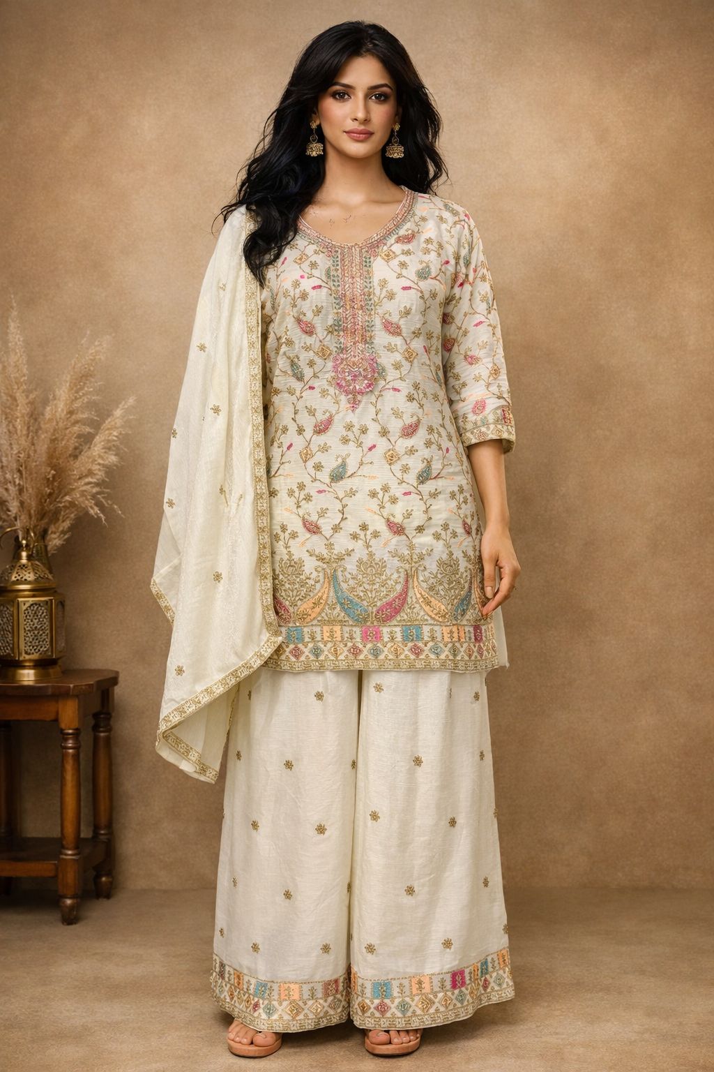 Anaita White Chinon Stitched Plazzo Suit With Embroidery Work - Distacart
