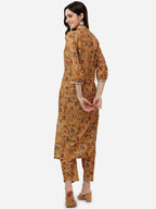 HERE&NOW Women Mustard Yellow Floral Printed Kurti with Trousers