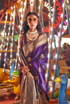 Monjolika Fashion Dark Violet Colour Handloom Silk Blend Zari Woven Saree With Blouse - Distacart