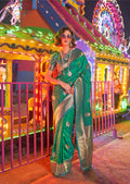 Monjolika Fashion Green Colour Handloom Silk Blend Zari Woven Saree With Blouse