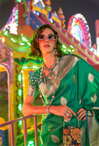 Monjolika Fashion Green Colour Handloom Silk Blend Zari Woven Saree With Blouse
