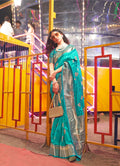 Monjolika Fashion Teal Colour Handloom Silk Blend Zari Woven Saree With Blouse - Distacart