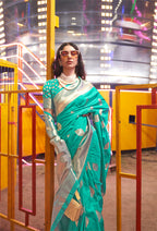 Monjolika Fashion Teal Colour Handloom Silk Blend Zari Woven Saree With Blouse - Distacart